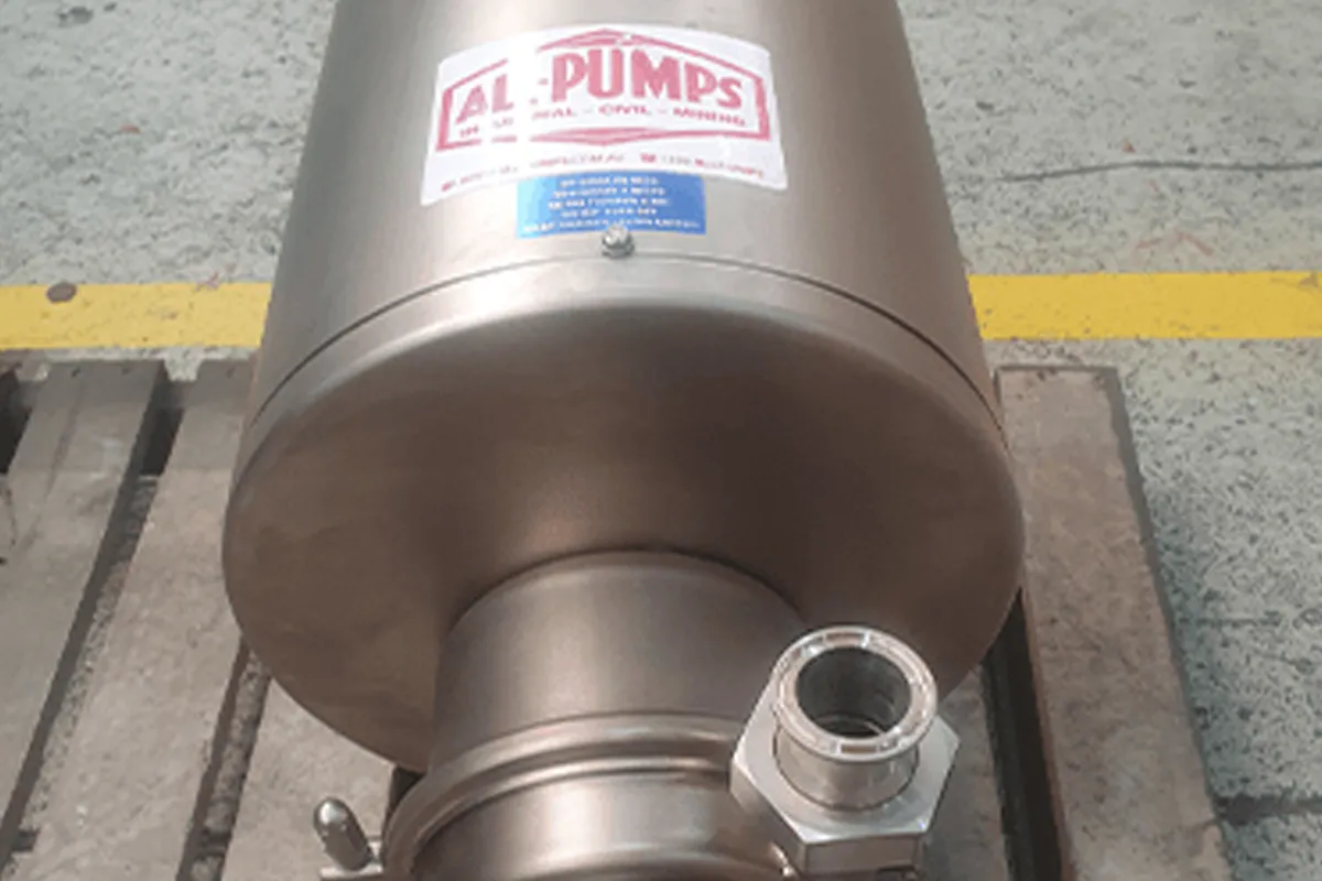 Close-up of a stainless steel Inoxpa pump body